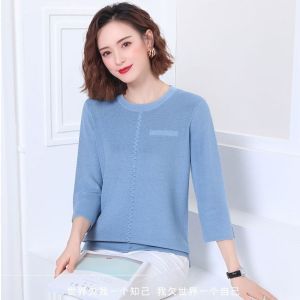 Spring Autumn Knitted Seven Sleeve Loose Large Size Thin T Shirt Womens Base Shirt Short Parka Coat Commute Style Regular Length