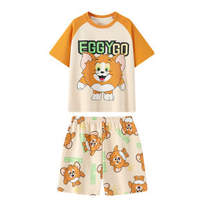 miiow | Pure Cotton Summer Pajamas For Boys Cartoon Print Short Sleeve Shorts Home Clothes Comfortable Breathable Sweat-wicking