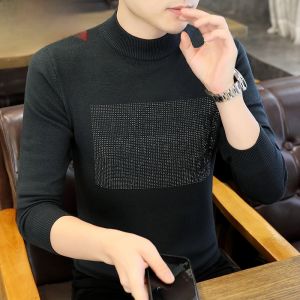 HENGYUANXIANG | Hengyuanxiang Mens Slim Fit Knitwear Mid Neck T-Shirt With Rhinestones Spring Autumn Thin Inner Wear Casual Long Sleeve