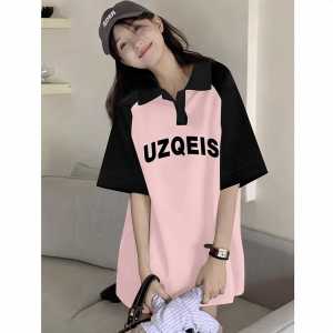 Color Block Polo Shirt Short Sleeve Loose Fit Summer T-Shirt for Teenage Girls Korean Style Cotton Casual Print Top