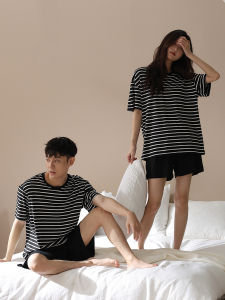 me home wear | Couples Short Sleeve Summer Sleepwear Set Thin Stripes