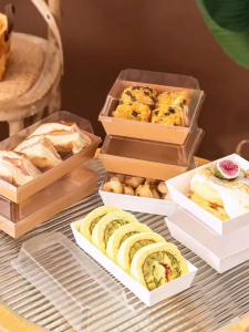 10PC Square Sandwich Dessert Gift Box Kraft Paper Cake Box Transparent Square Cake Sandwich Box Packaging Bread Paper