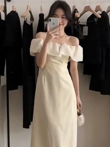 Hebe Style White Dress Romantic French Vintage One Shoulder Gown Summer 2025 Elegant Pure Desire Ladylike High Waist Long Skirt