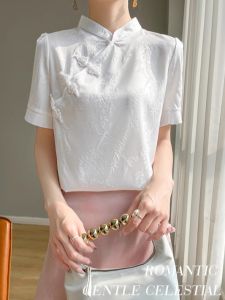 Silk Acetate Short Sleeve T-Shirt Womens Vest Summer Vintage Button Stand Collar Embroidered Chinese Style Top Silk Feel