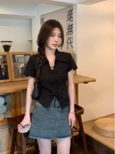 Elegant French Collar Butterfly Knot Short Sleeve Black T-Shirt Womens Summer New Sweet Spicy Versatile Slimming Top