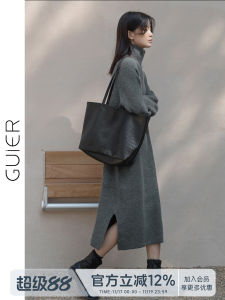 Guer High Neck Knitted Long Dress Womens Polar Fleece Soft Skin-friendly A-Line Midi Sweater Dress Pure Color Loose Waist