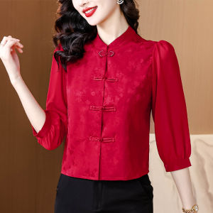Red Silk Womens Shirt Short Style Chinese Style Button up Spring Autumn Moms Seven Sleeve Shirt Commute Pure Color Straight Tube