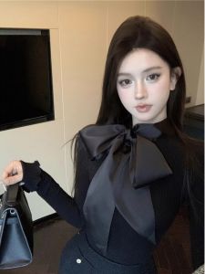 Elegant Short Sleeve Long Shirt Womens Spring Autumn New Style Tight Fitting Beautiful Butterfly Knot Inner Wear Lovely Top