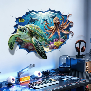 Decal Dán Tường 3D Đại Dương Rùa Biển Và Bạch Tuộc Có Keo Sẵn 88x64cm - Trang Trí Phòng Ngủ
