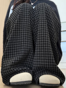 Black Fleece Plaid Pants Womens High Waist Wide Leg Pants Draping Loose Lazy Style Autumn New Arrival Casual Trousers