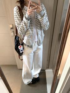 Womens Knitted Hat Long Sleeve Striped Jacket Coat Korean Style Slim Fit Short Open Cardigan Soft Loose Type Daily Wear