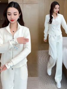 New Chinese Style Casual Sports Set Womens Fashion Open Cardigan Coat Wide Leg Pants Two Piece Set Spring Autumn New Model