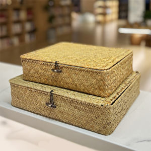 Straw Woven Storage Basket Gift Box with Lid Seaweed Tray Desktop Sundries Basket Rattan Basket Short Rectangular Bamboo Woven Box