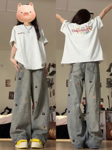 Quần Jeans Ống Rộng Cạp Cao Thêu Mùa Hè Mỏng Cho Nữ Quần Ống Rộng Thẳng Rộng Phong Cách Mỹ Cổ Điển Quần Jeans Denim