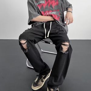 Washed Vintage Mens Jeans High Street Style Distressed Denim Straight Leg Long Pants Summer 2025 Trendy Casual Trousers
