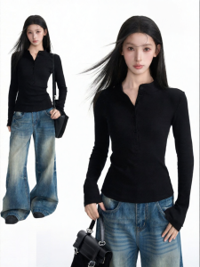 BAIDAIFEI | Henri Collar Long Sleeve Slim Fit Cotton T-shirt
