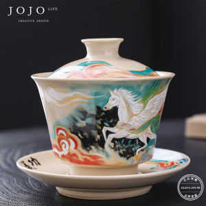 Hand-Painted Ceramic Tea Bowl with Grass Ash Design by Jojos L.P.D Vintage Style Home Use Cover Bowl for Tea Ceremony