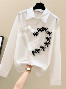 Brand Discount Withdraw Label-Cut Big Sale Heart Black and White Contrast Color Bows Long Sleeves White Shirt Top Female Spring and Autumn Tide