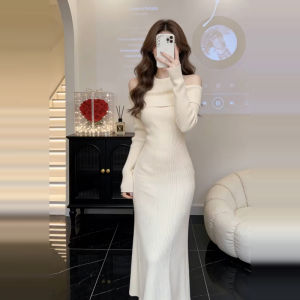 NIUVIES | Đầm Knit Trắng Phong Cách Pháp Dài Tay Ngang
