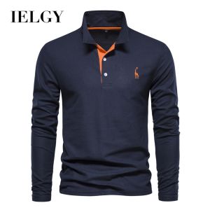IELGY เสื้อโปโลคอตตอนของผู้ชายปกแบบใหม่แขนยาวของบุรุษลำลองแฟชั่น