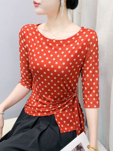 Summer New Polka Dot Mesh Sun-Protection Air Conditioning Shirt round Neck Short Sleeve T-Shirt Womens Korean Style Slim Fit Lace Sweater