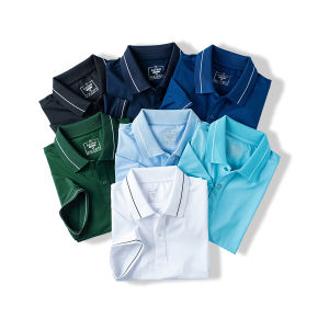 Áo thun có cổ nam màu xanh ngọc (xanh thiên thanh) phối viền ADINO vải polyester cotton mềm không bai xù dáng công sở slimfit hơi ôm trẻ trung AP95