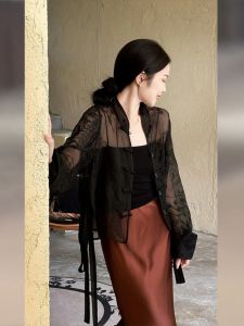 New Chinese Style Black European Organza Womens Sun Protection Shirt Autumn Unique Elegant Top Ladies Fashion Premium Feel