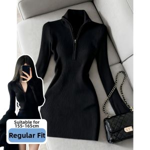 SUHUIQIAN | Winter Black Fleece-lined Slim Fitting Mini Dress