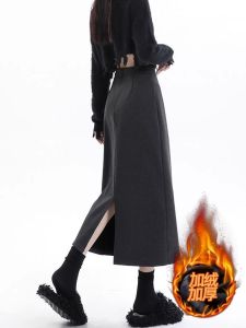 Thickened Fleece Grey Woolen Suit Skirt Womens High Waist Slimming Asymmetrical A-Line Long Skirt Commute Korean Style