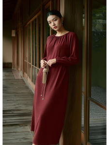 Red Bubble Sleeve Dress Womens Spring New Style Wedding Long Dress XWI Elegant Lady Commute Style H Version A-Line Skirt
