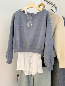 AMILUCK | Womens Lace Trim Hoodie Set Shoulder Bared Neck Hanging Design Cotton Blend Long Sleeve Round Neck Two Piece Suit Casual Wear