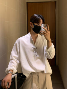 Looknfit Mens White Casual Cotton Shirt Long Sleeve Half High Collar Solid Color Top Breathable Lightweight Spring Fashion