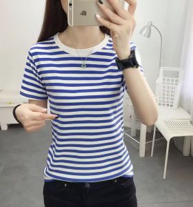 Áo Thun Cotton Tay Ngắn Mùa Hè Cho Nữ Phong Cách Hàn Quốc Dáng Ôm Vừa Vặn Cổ Tròn Tay Ngắn Họa Tiết Sọc Thường Ngày