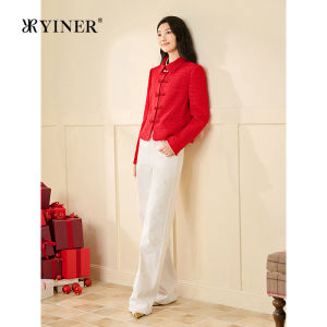 Cherry Red New Chinese Style Buttoned Silk Textured Short Jacket