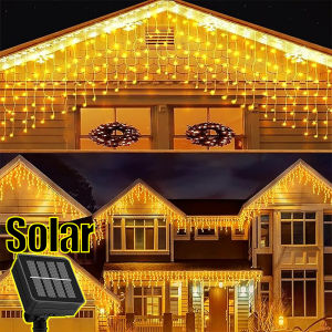 Solar Icicle String Lights 3.5M LED Waterproof Eaves Decor Light Outdoor Curtain Icicle Light Patio Yard Garden Party Decoration