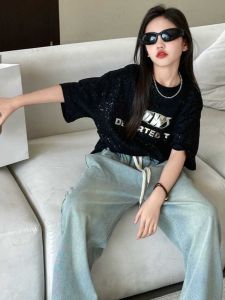 Girls Summer Silver Short Sleeve T-Shirt Wide Leg Jeans Two Piece Set Trendy Brand Korean Style Top And Bottoms for Kids