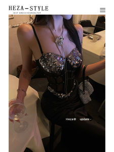 Heavy Embellished Bright Sequin Fishbone Womens High Waist Skirt Set plus Size Fashionable Commute Style Long Sleeveless Dress