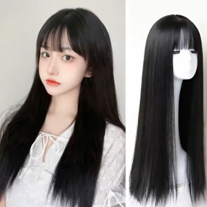 Rambut palsu lurus panjang Korean Hitam Poni Set Wig Hairclip Fuul Rambut Natural 70cm Wanita Wig Fashion