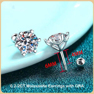 BIJOX STORY Womens Moissanite Screw Stud Earrings D Color 925 Sterling Silver 6 Prong Diamond Wedding Fine Jewelry