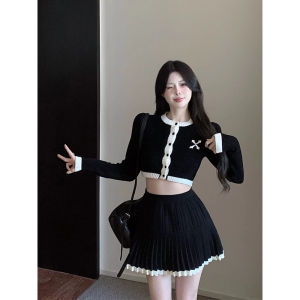 Fashionable Slim Fit Short Knitted Sweater And Pleated Skirt Set for Women Spring Autumn New Style Two Piece Set Elegant Lady Look