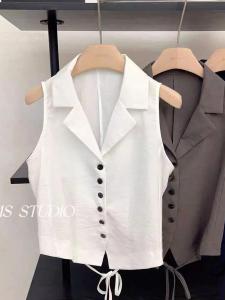 NUANKONG | Navy Chiffon Polo Collar Short Loose Sleeveless Suit