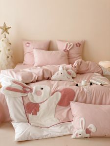 Cute Cartoon Rabbit Cotton Bedding Set 4-Piece Washed Cotton Duvet Cover Sheet Kids Bedding Absorbent Breathable All Seasons