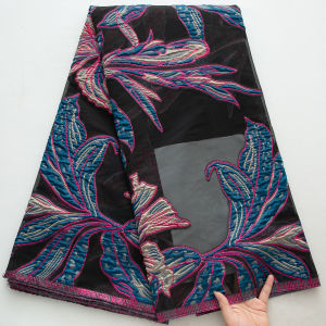 Vải Ren Jacquard Châu Phi 100% Polyester Thêu Hoa Văn Lá Nhiệt Đới Dành Cho Váy Cưới Nữ Chất Liệu Lưới Rộng 1.2m