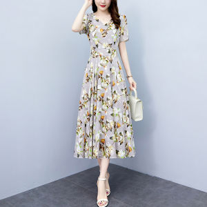 Impression Fashion Women Elegant Chiffon Floral V-neck Short Sleeve Tunic High Waist A-line Long Plus Size Dress