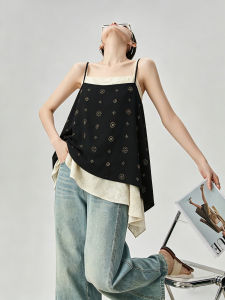 GULILI | French Square Neck Black Contrast Pseudo Layered Printed Slim Strap Camisole