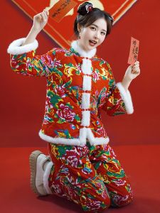 Womens Winter Warm Cotton Jacket And Pants Set Button Embellished Retro Style Floral Print Thickened Straight Cut Coat