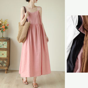 Brand Foreign Orders! Broken Size Linen Pink Sling Dress Womens French Cotton Linen Loose Base A- line Dress