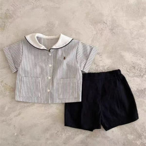 Summer Outfit for Baby Boys Korean Style Striped Shirt And Shorts Two-Piece Set Breathable Cotton Clothes for Toddlers And Infants