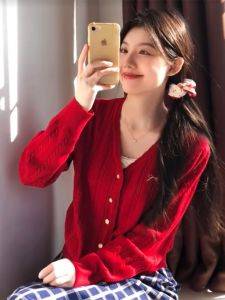 BINKAFENNY | Red Bowknot Twist Knitted Short Cardigan Womens Korean Style Autumn Outerwear Round Neck Button Up Long Sleeve Solid Color