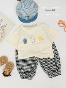 Cute Cartoon Printed Short Sleeve Set For Boys Breathable Thin Top Plaid Pants